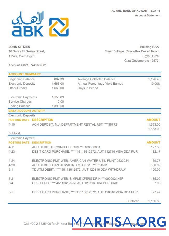 Realistic Egypt Al Ahli Bank of Kuwait bank statement excel template